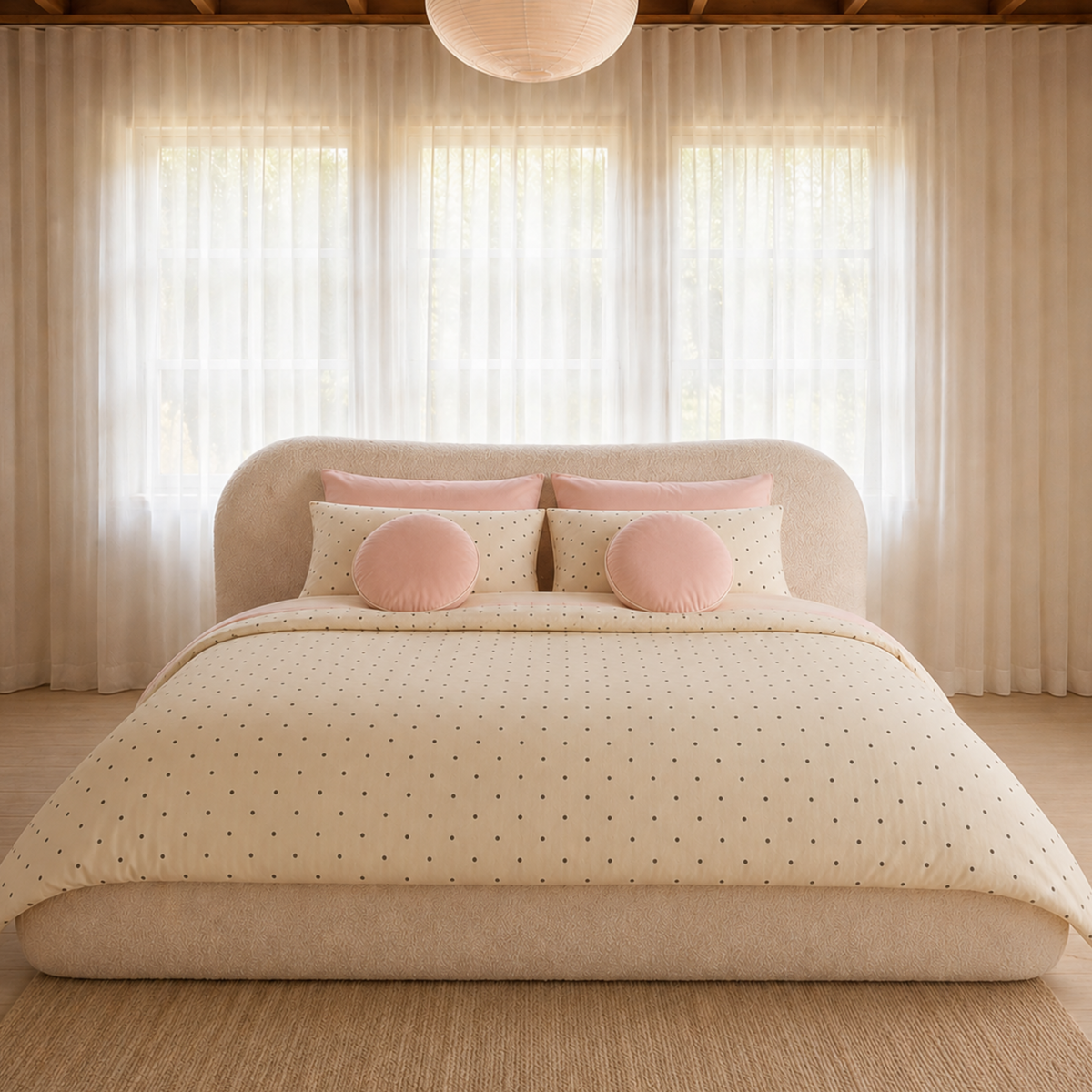 Lenny Spot Bedding Set in Cream & Blush Polka on a boucle bed, styled with blush pink cushions by sunlit sheer curtains