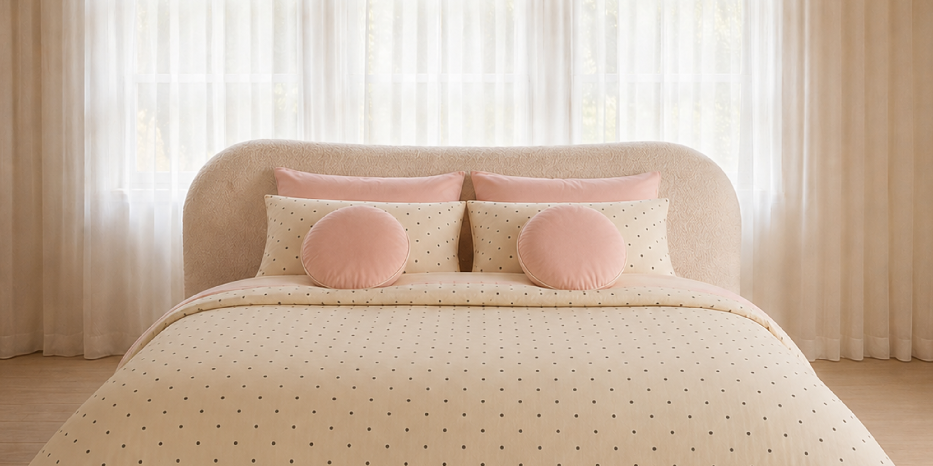 Lenny Spot Bedding Set in Cream & Blush Polka on a boucle bed, styled with blush pink cushions by sunlit sheer curtains