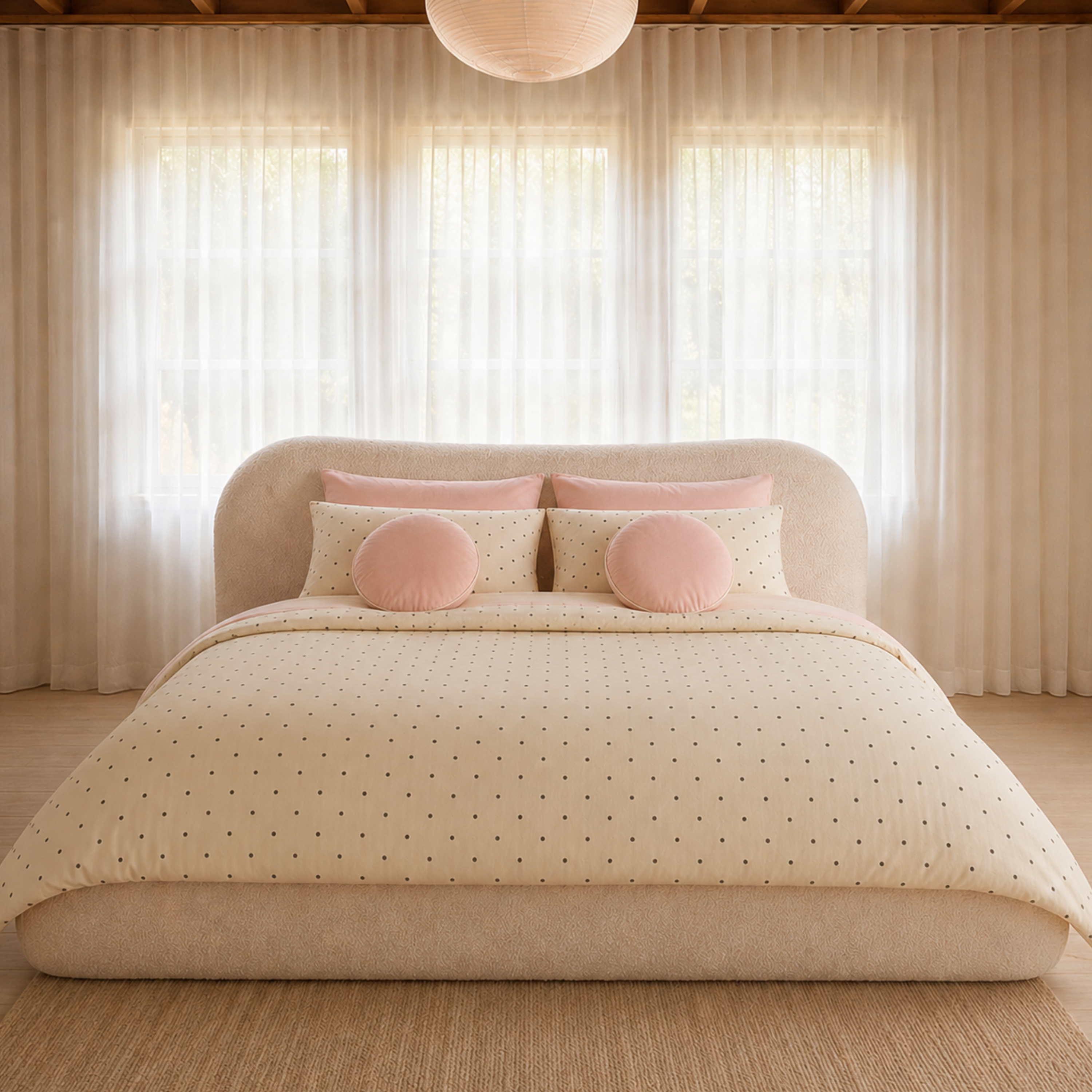 Lenny Spot Bedding Set in Cream & Blush Polka on a boucle bed, styled with blush pink cushions by sunlit sheer curtains