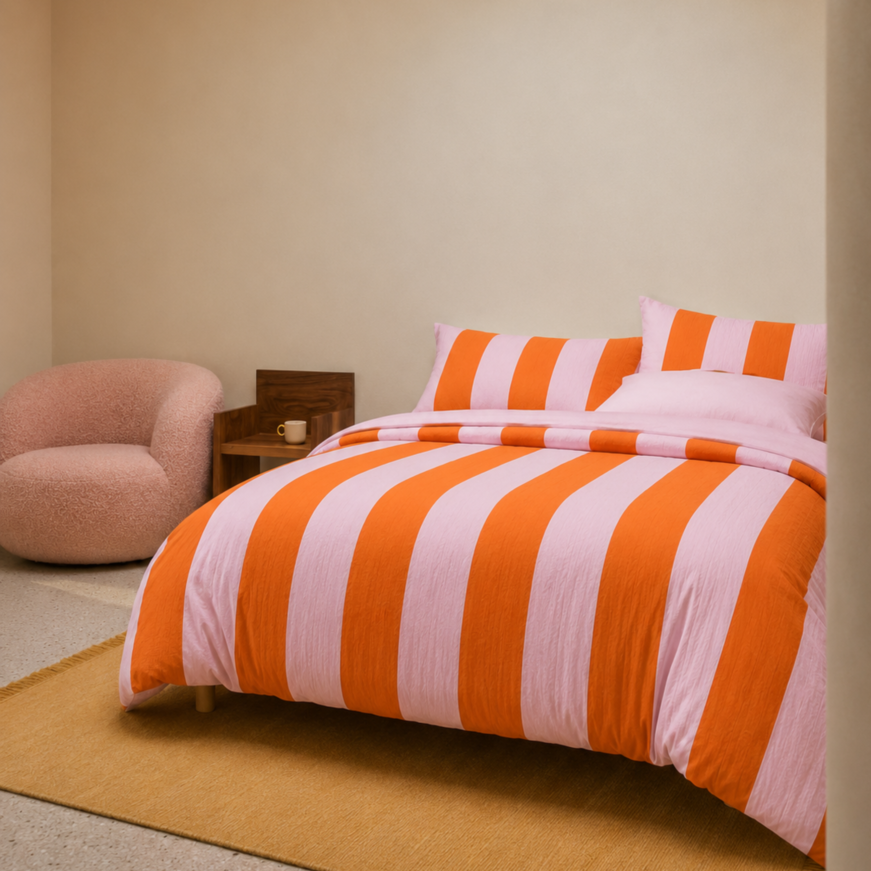 Ravello Stripe Bedding Set in bold orange and pink stripes, styled on a made bed with a boucle chair