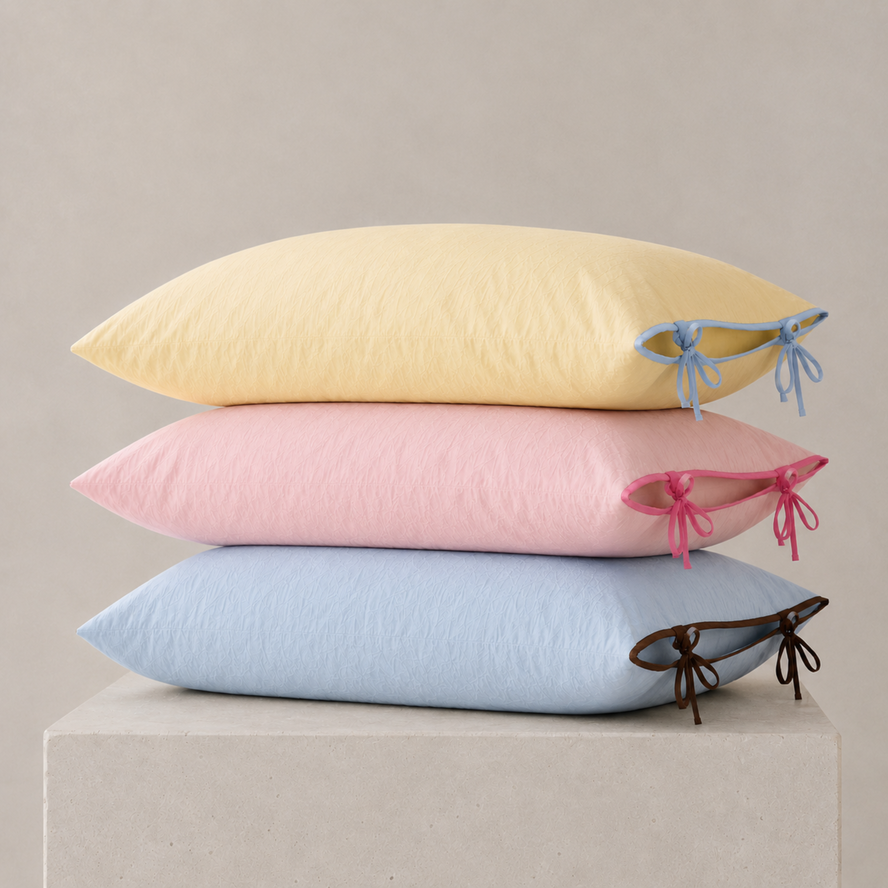 Stacked Wren Bedding Set pillowcases in buttermilk, blush and powder blue with contrast tie corners