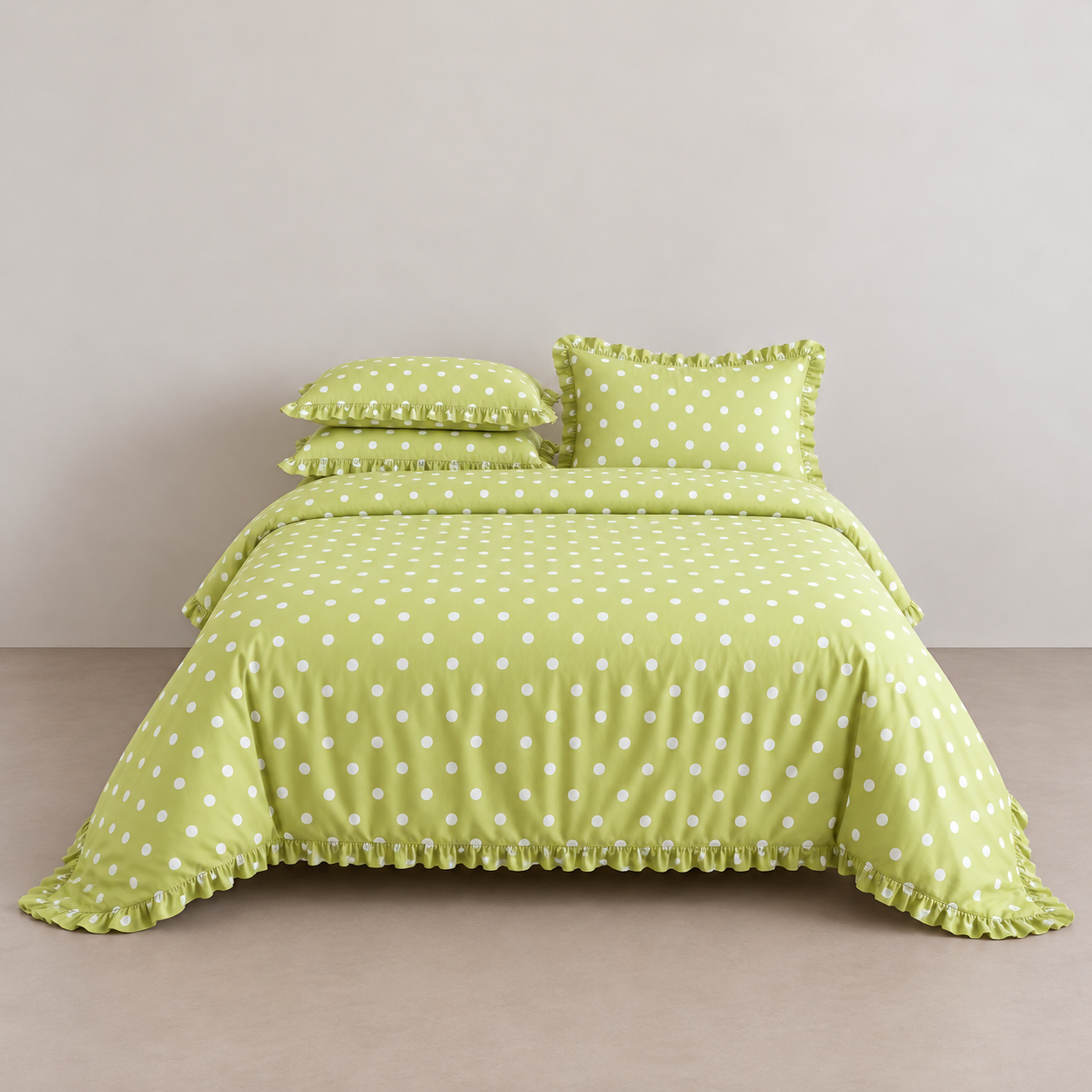 Isla Spot polka dot quilt cover in lime green with gathered ruffle edges