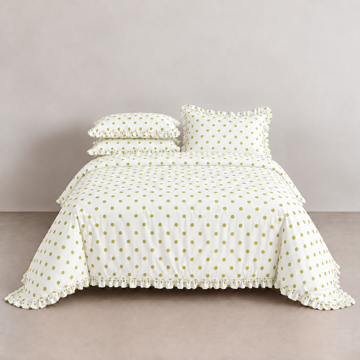 Isla Spot cotton polka dot bedding set in ivory with soft green spots