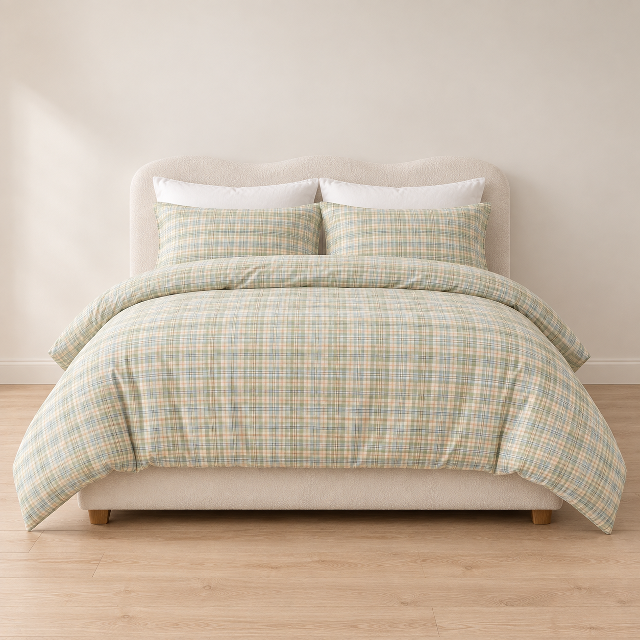 Soleil Stripe Bedding Set in Moss Horizon, sage green and cream stripe duvet cover and pillowcases on a made Queen bed