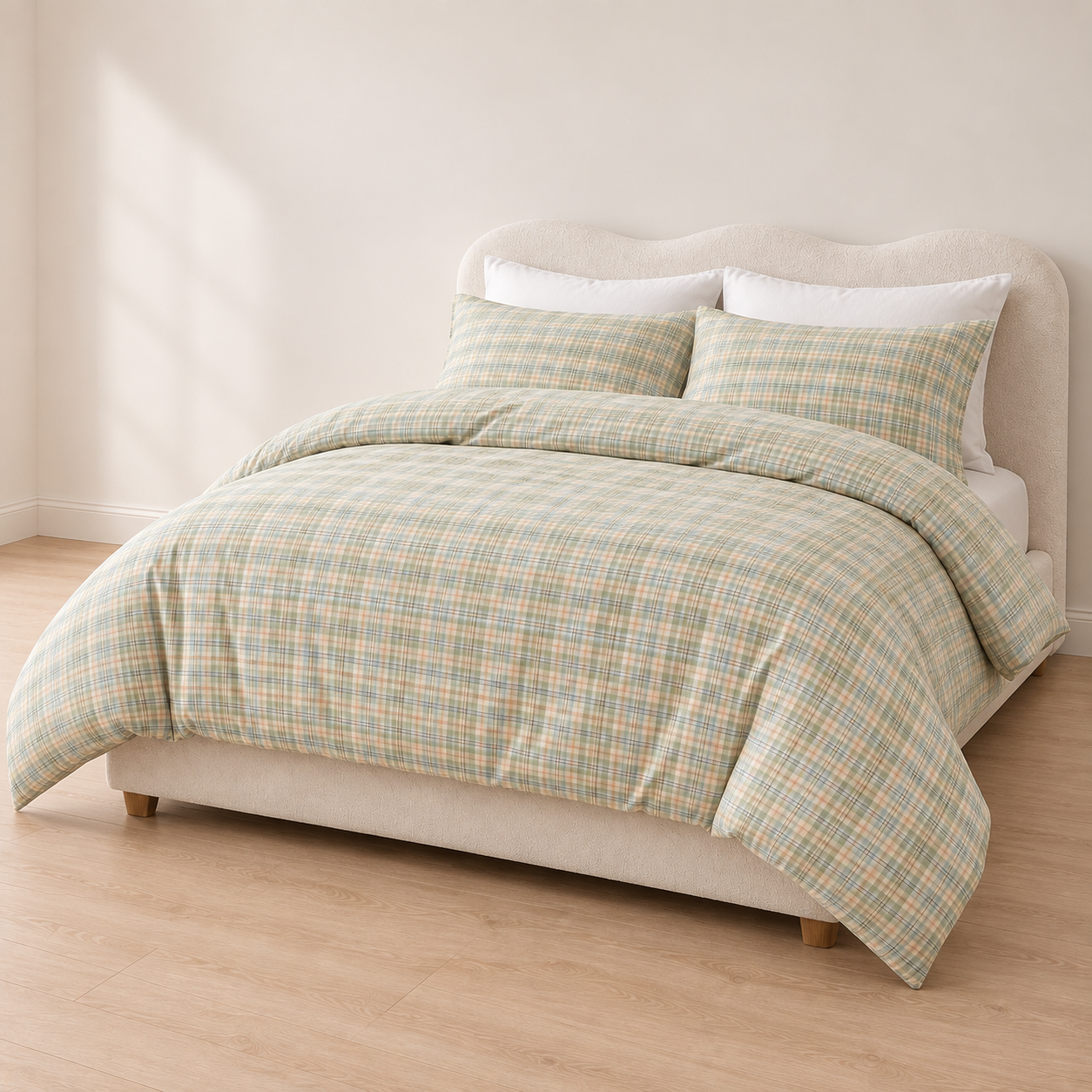 Angled view of the Soleil Stripe Bedding Set in Moss Horizon, showing the soft yarn-dyed stripe across the duvet and pillows