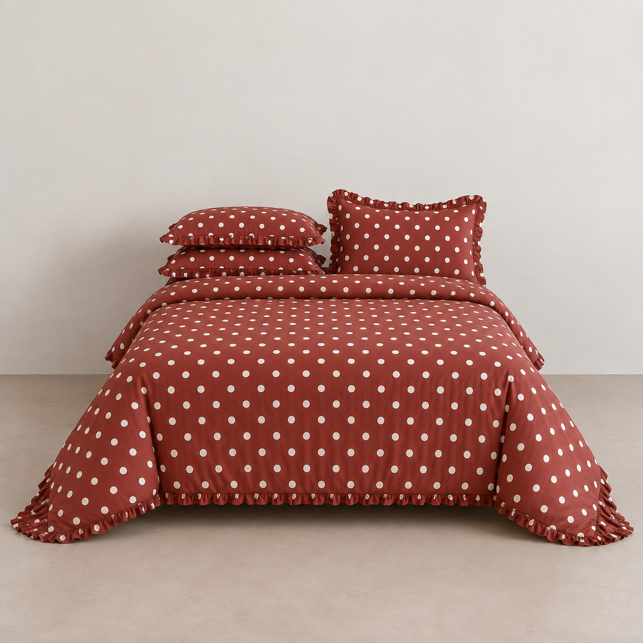 Isla Spot cotton bedding set in cherry red with pale polka dot detailing