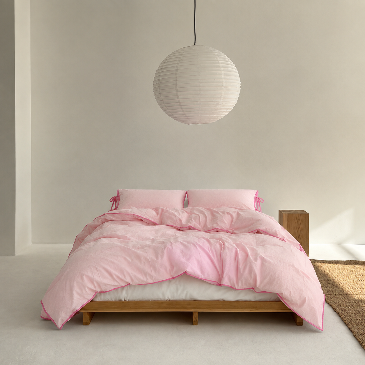 Wren Bedding Set in Blush, cotton cover with pink contrast trim on a made bed, timber frame