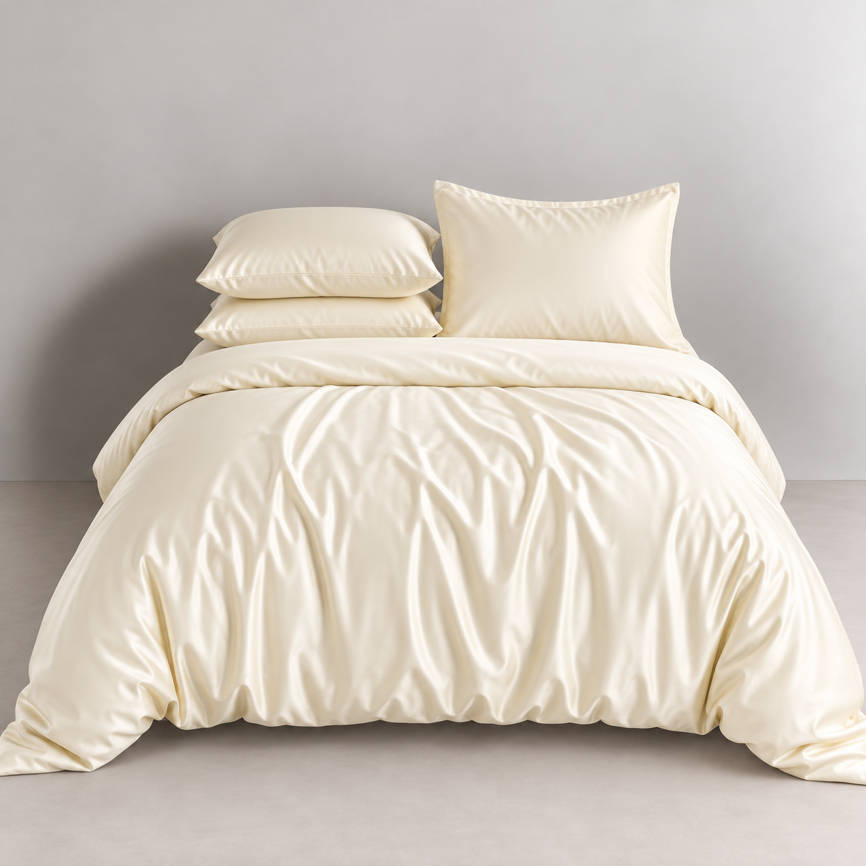 Agnes Silk Bedding Set in Ivory Luxe, made bed with softly draped silk and sheen catching the light