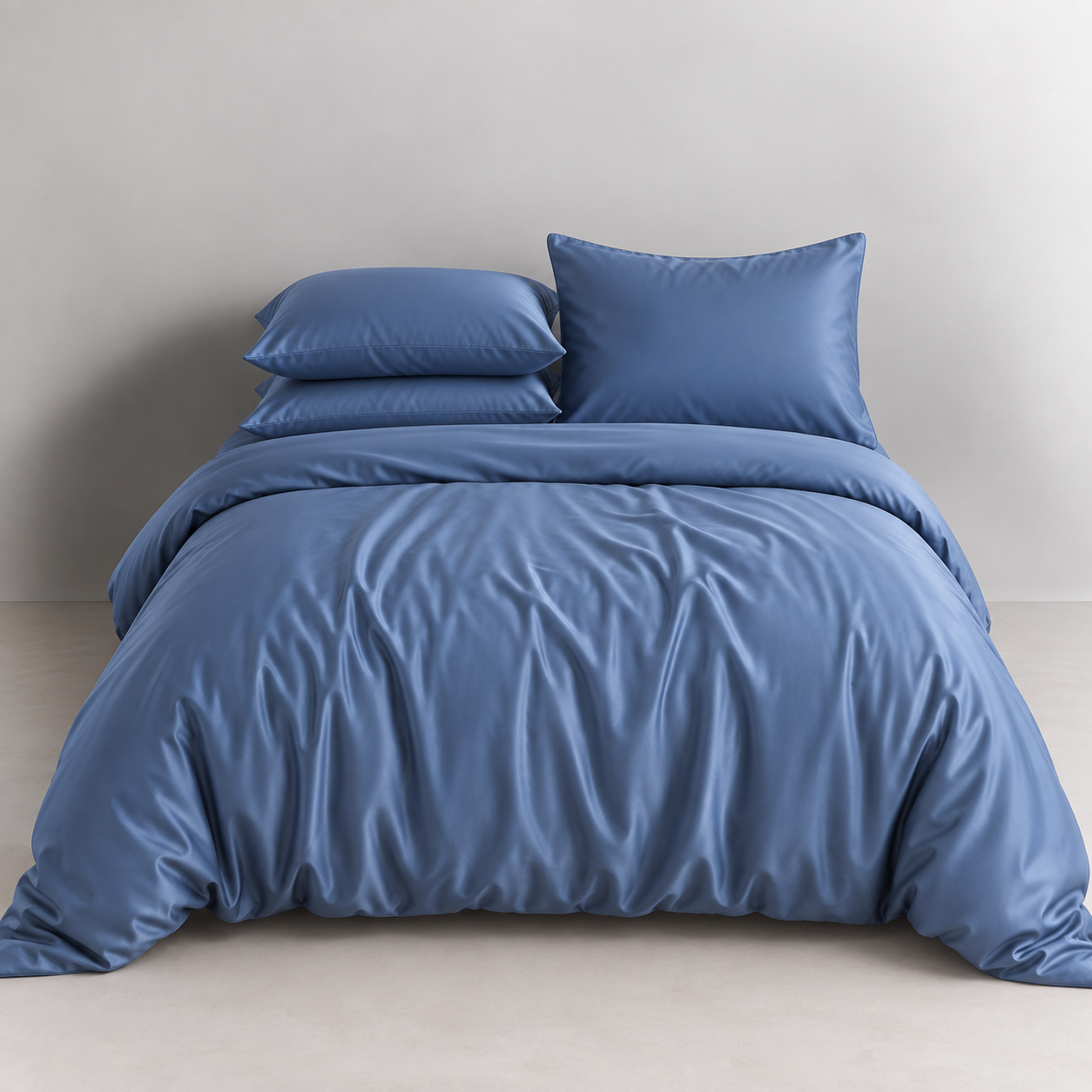 Agnes Silk Bedding Set in Midnight Blue on a made bed, showing the silk's soft sheen and draped folds