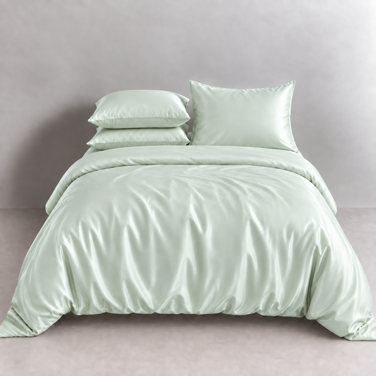 Agnes Silk Bedding Set in Mint Dream, made bed with silk quilt cover and pillowcases showing soft sheen