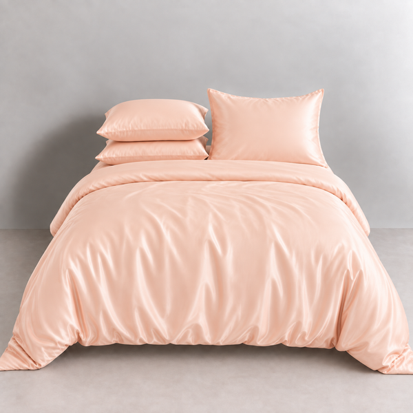 Agnes Silk Bedding Set in Peach Sorbet, made bed with glossy silk quilt cover and layered pillowcases