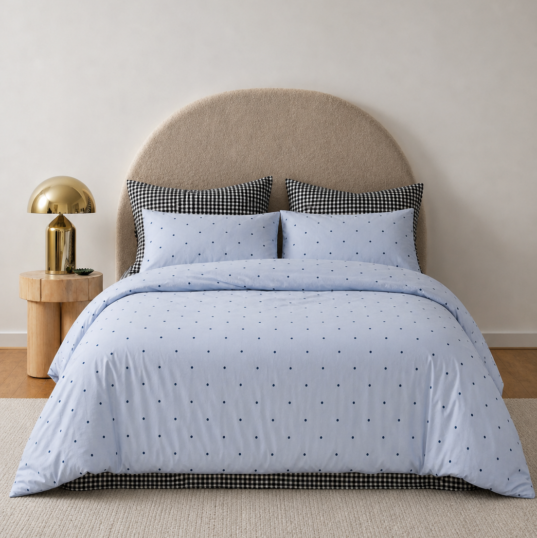 Alyssa Spot Bedding Set on a made bed, pale blue with navy spots and gingham-trimmed pillowcases