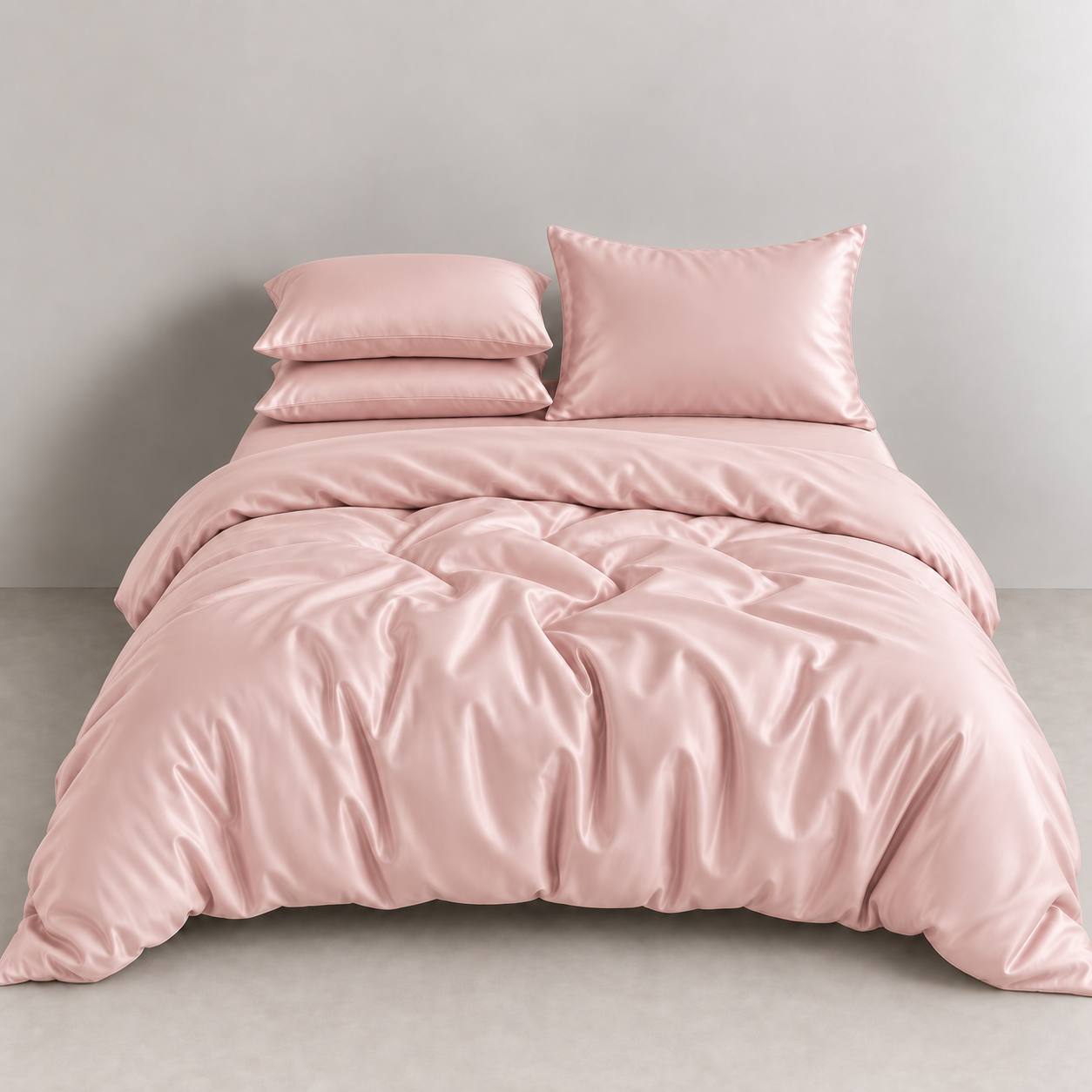 Amélie Bedding Set in Apricot Blush, glossy lyocell silk quilt cover rumpled softly on a made bed