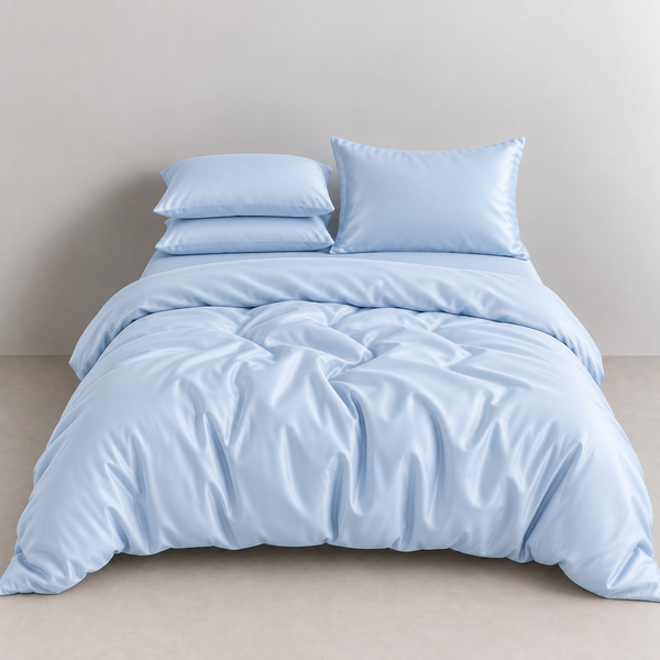 Amélie Bedding Set in Celeste Blue, made bed with soft sheen and gently rumpled quilt cover