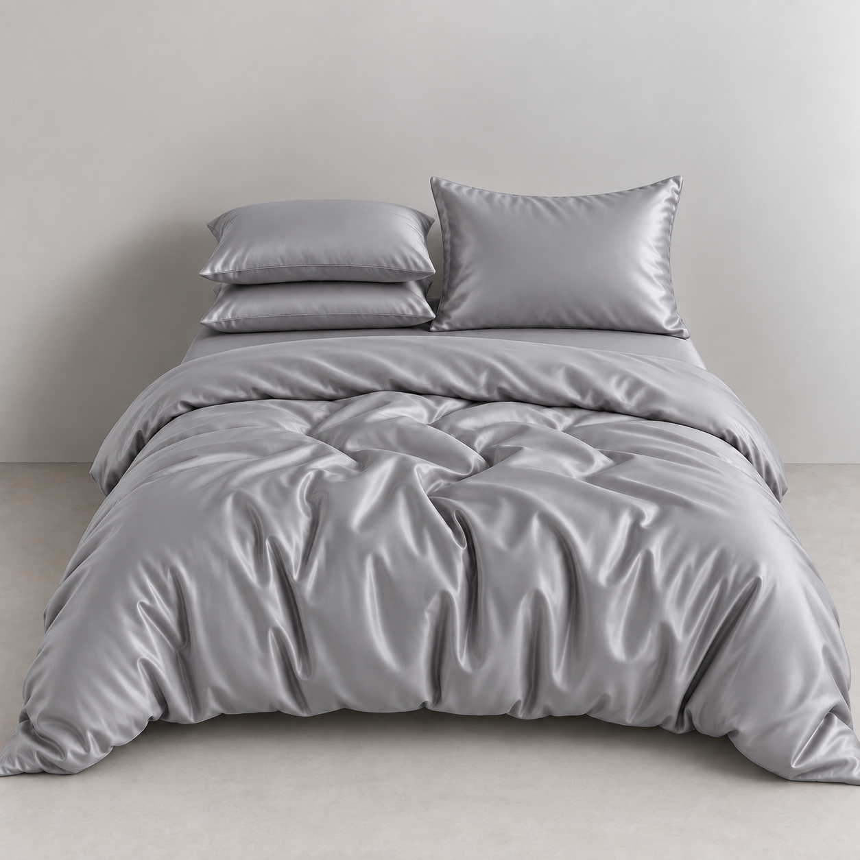Amélie Bedding Set in Dove Grey, rumpled quilt cover with soft sheen and stacked pillowcases on a bed