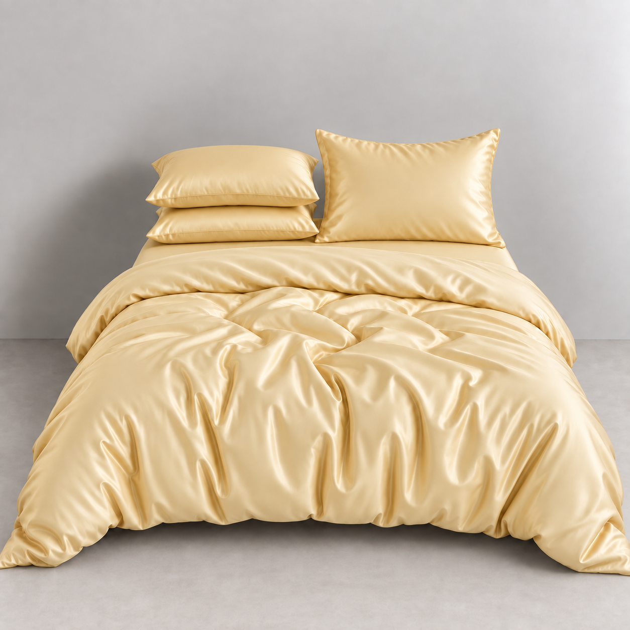 Amélie Bedding Set in Golden Hour, lyocell silk quilt cover with pillowcases on a made bed, soft sheen