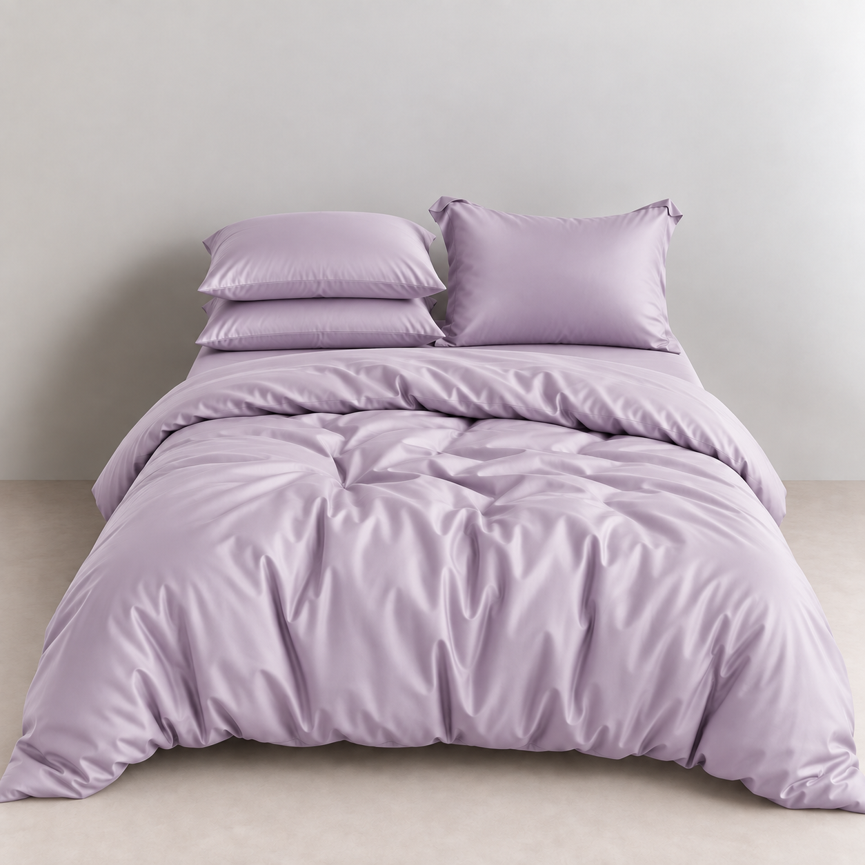 Amélie Bedding Set in Lilac, made bed with soft sheen quilt cover and stacked pillowcases