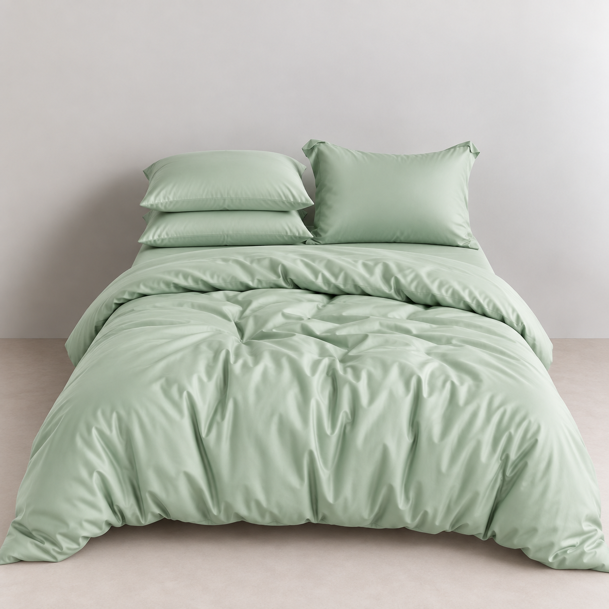 Amélie Bedding Set in Mint, sage green quilt cover with soft sheen on a made bed with stacked pillowcases