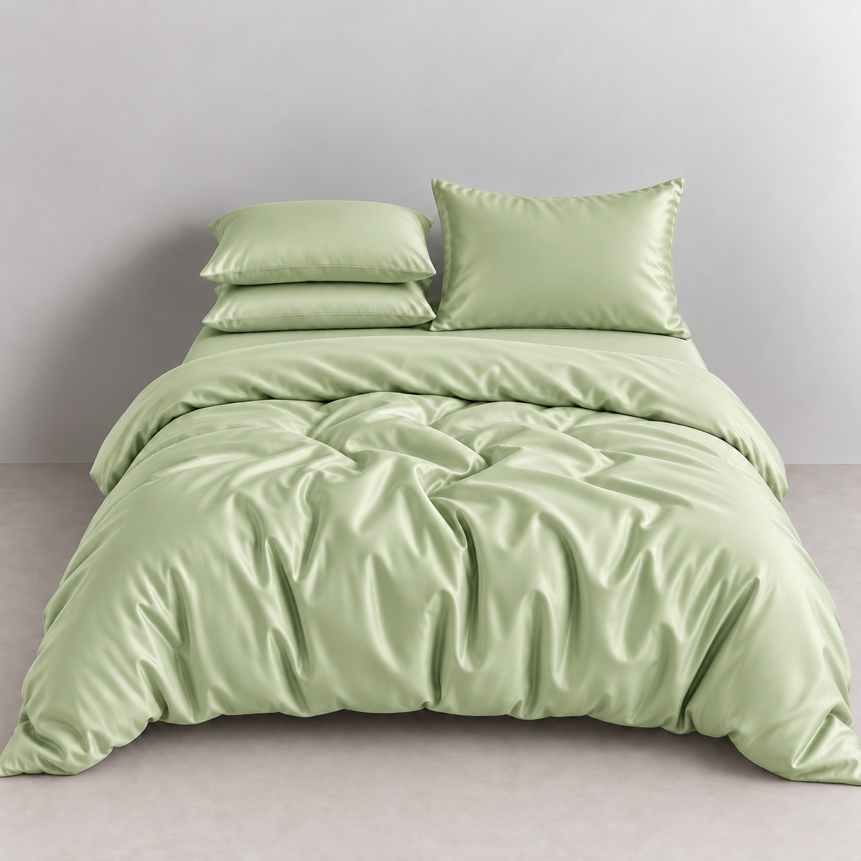Amélie Bedding Set in Sage, sateen quilt cover with soft sheen styled on a bed with matching pillowcases