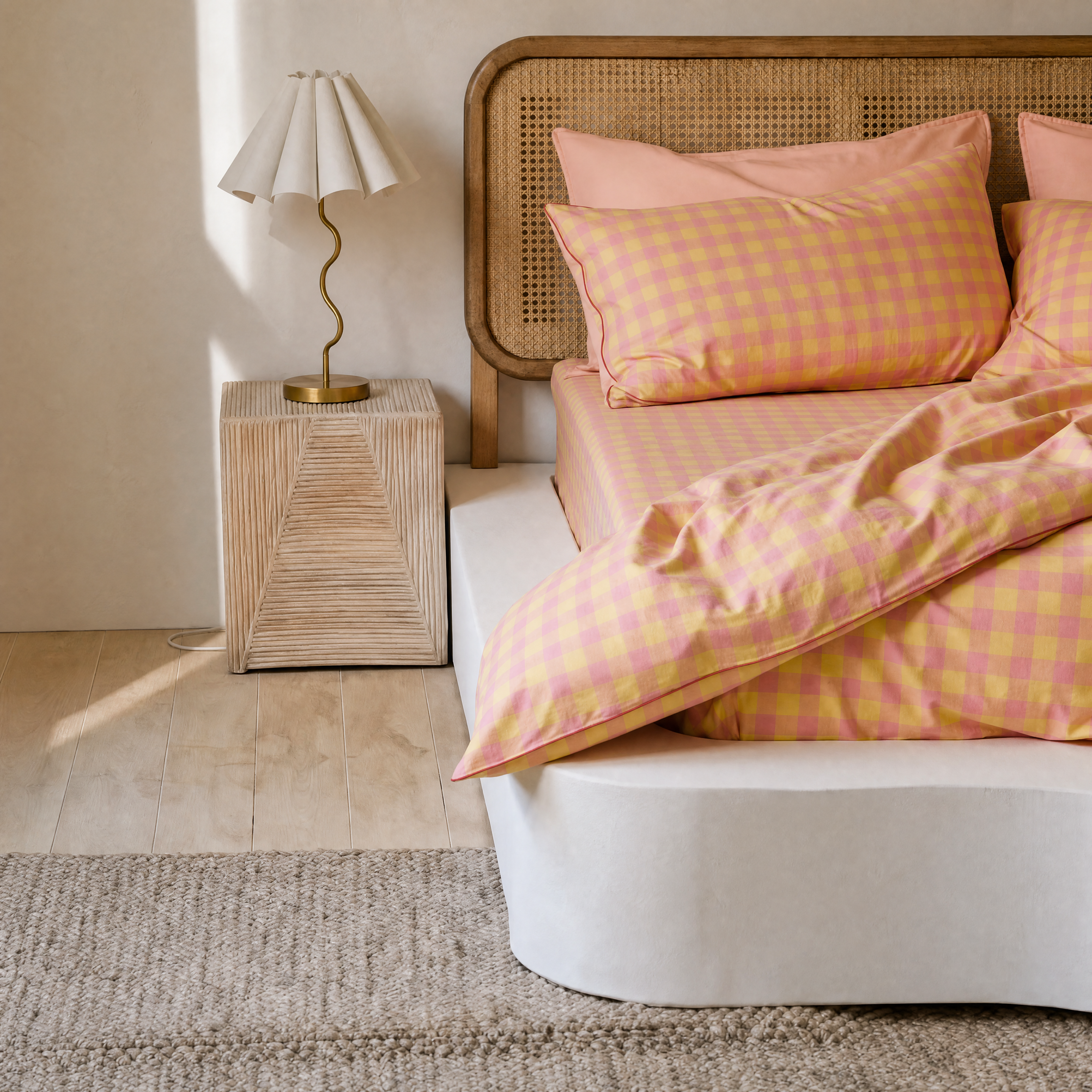 Avery Gingham Bedding Set in pink and yellow check styled on a bed beside a rattan headboard