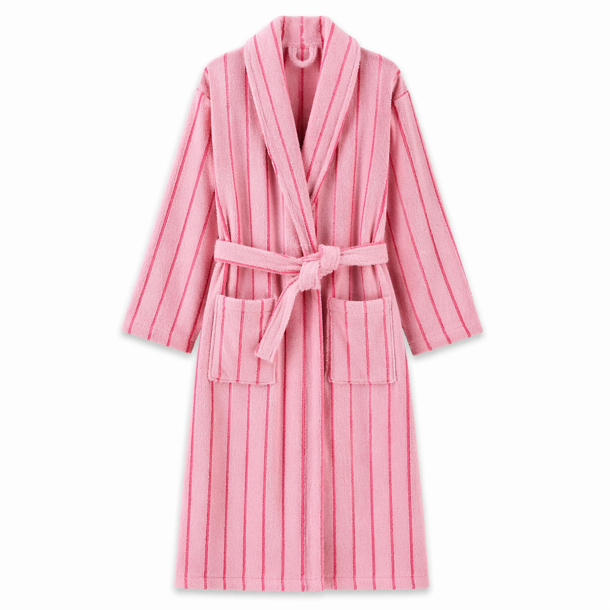 Bambi Striped Bath Robe in Berry Blast, pink terry cotton with fine stripes, shawl collar and belt, flat