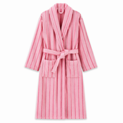 Bambi Striped Bath Robe in Berry Blast, pink terry cotton with fine stripes, shawl collar and belt, flat