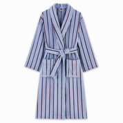Bambi Striped Bath Robe in Blueberry Acai, pale blue cotton with fine burgundy stripes, belted, flat on white