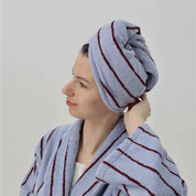 Bambi Striped Bath Robe in Blueberry Acai - Hair Turban, pale blue with cherry stripes, worn with matching turban