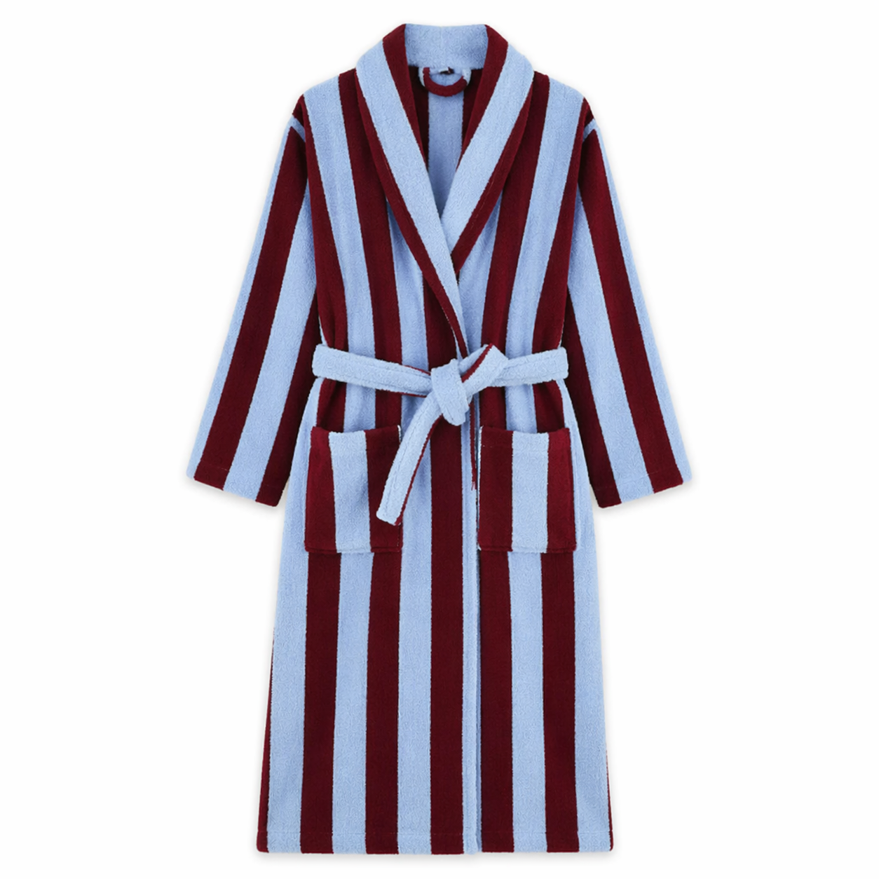 Bambi Striped Bath Robe in Cherry Cola, plush cotton with burgundy and pale blue stripes, tied belt and patch pockets
