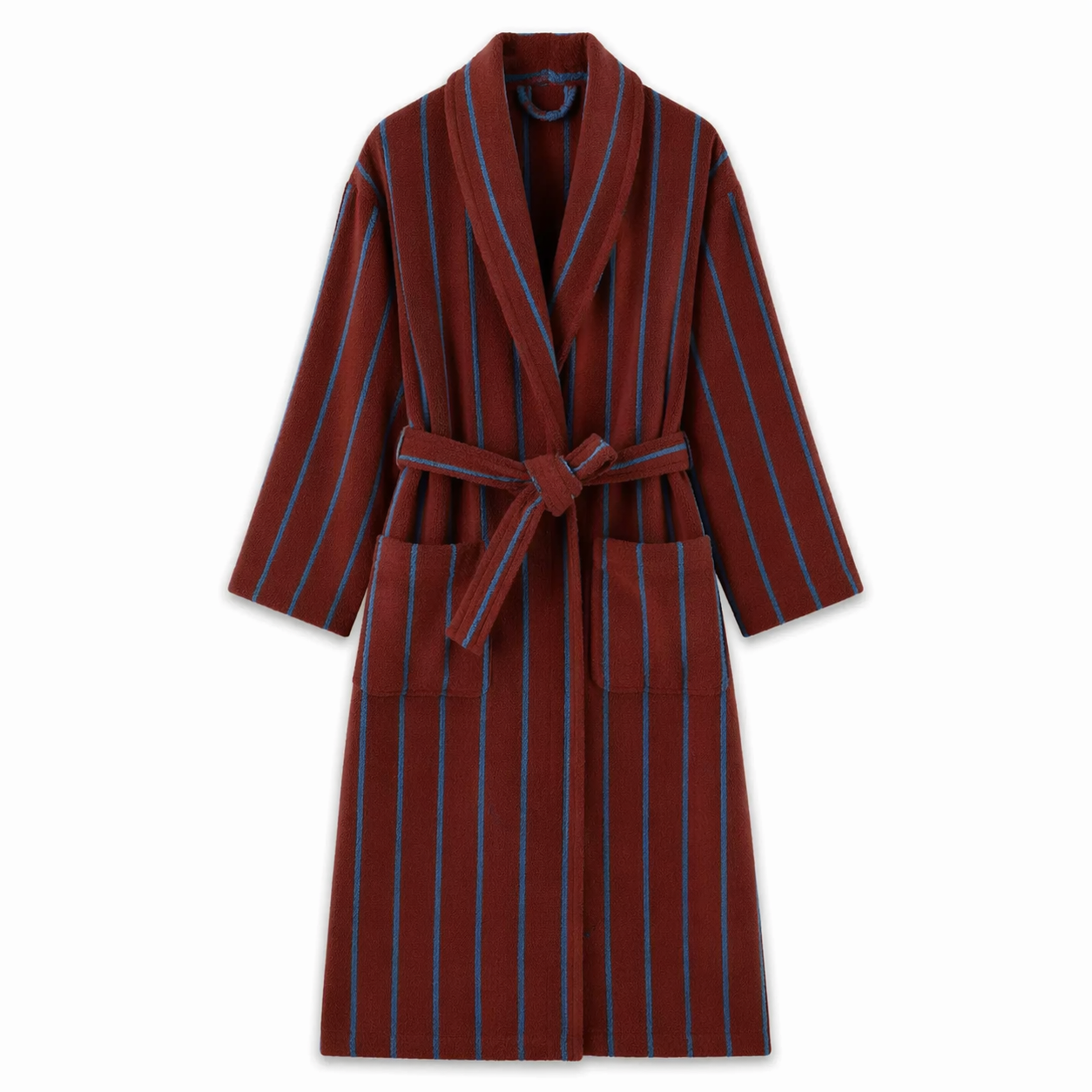 Bambi Striped Bath Robe in Mocha Caramel, deep rust-brown cotton with blue pinstripes, shawl collar and tie belt