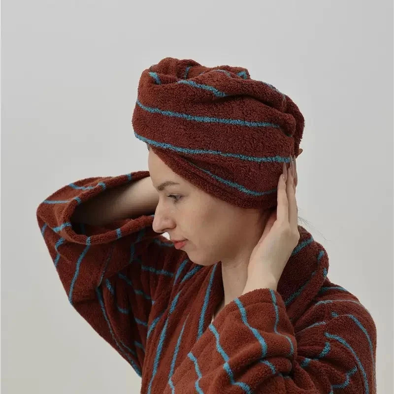 Model wears a matching hair turban from the Bambi Striped Bath Robe in Mocha Caramel - Hair Turban, brown with blue stripe