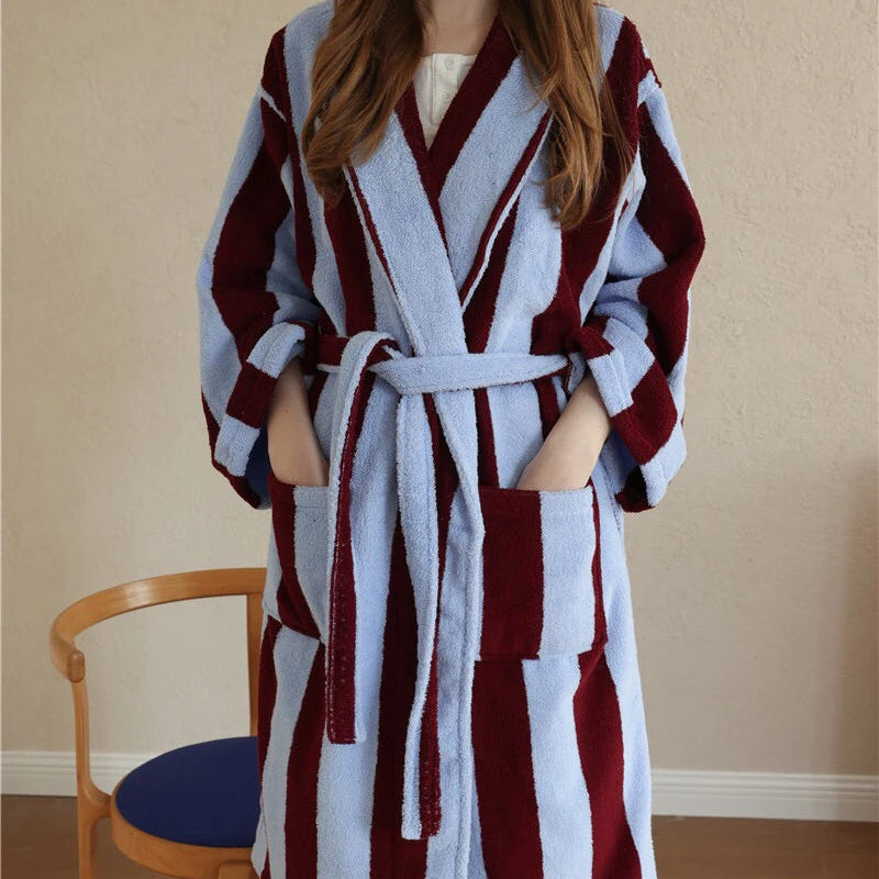 Bambi Striped Bath Robe worn belted, wide burgundy and pale blue stripes in plush cotton toweling