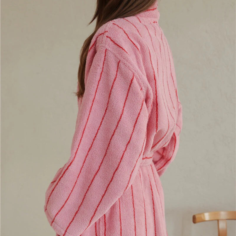 Bambi Striped Bath Robe worn, side view showing pink terry cotton with red pinstripes