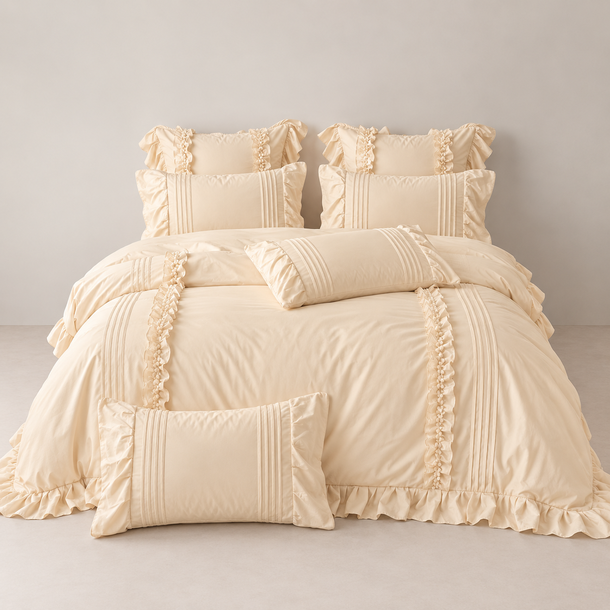 Camellia Ruffle Bedding Set in Champagne Biscuit, made bed with ruffled trim and pleated cushions