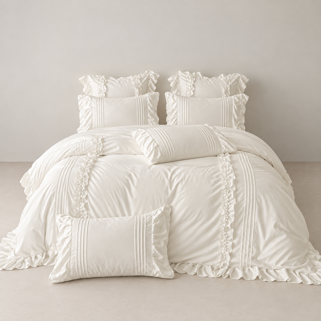 Camellia Ruffle Bedding Set in Ivory, made up bed with ruffled pillowcases and pintuck cushions
