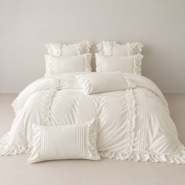 Camellia Ruffle Bedding Set in Ivory, made up bed with ruffled pillowcases and pintuck cushions
