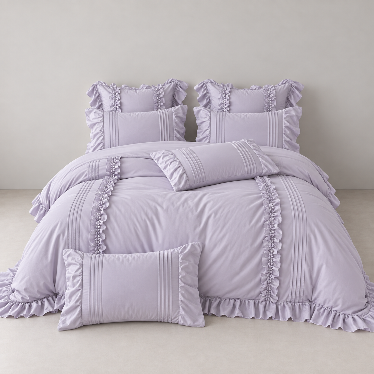 Camellia Ruffle Bedding Set in Lavender Mist, made bed with ruffled pillowcases and pleated cushions