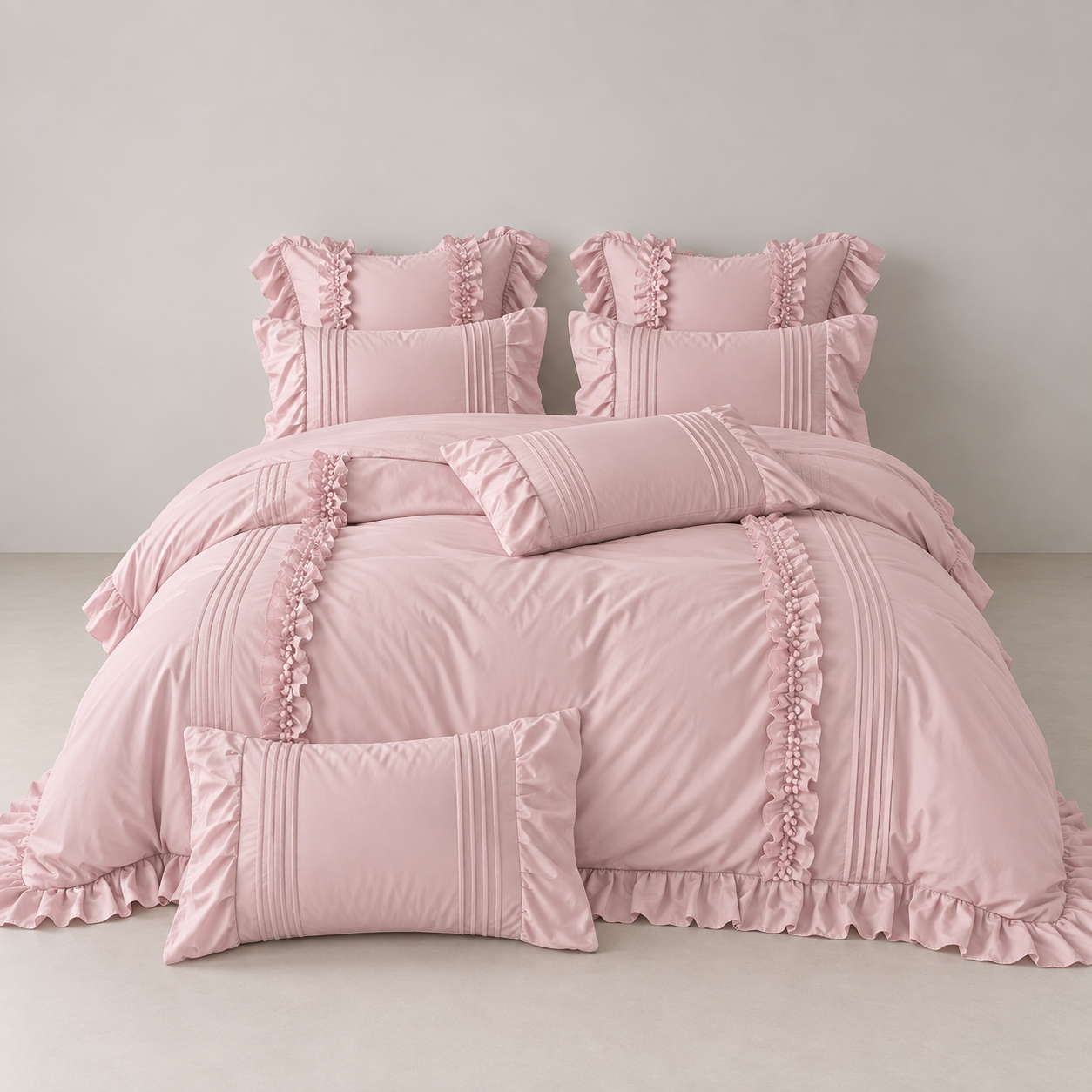 Camellia Ruffle Bedding Set in Petal Mist, dressed bed with ruffled pillowcases and pintuck trim