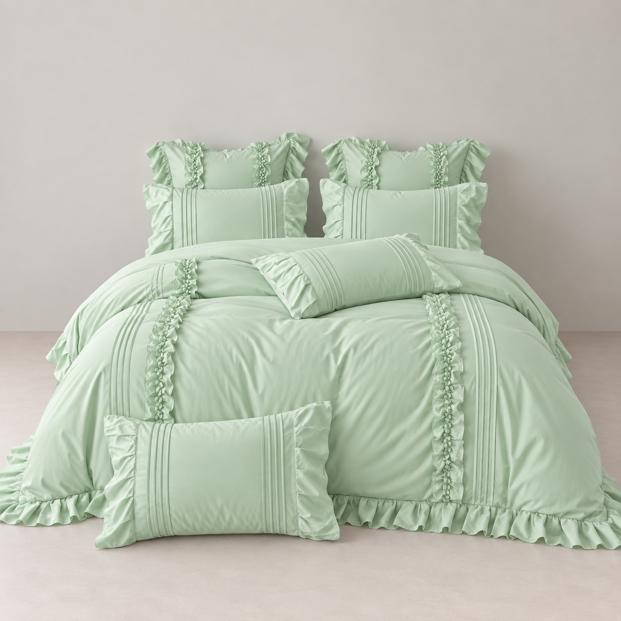 Camellia Ruffle Bedding Set in Sage Green, styled bed with ruffled pillowcases and pintuck cushions