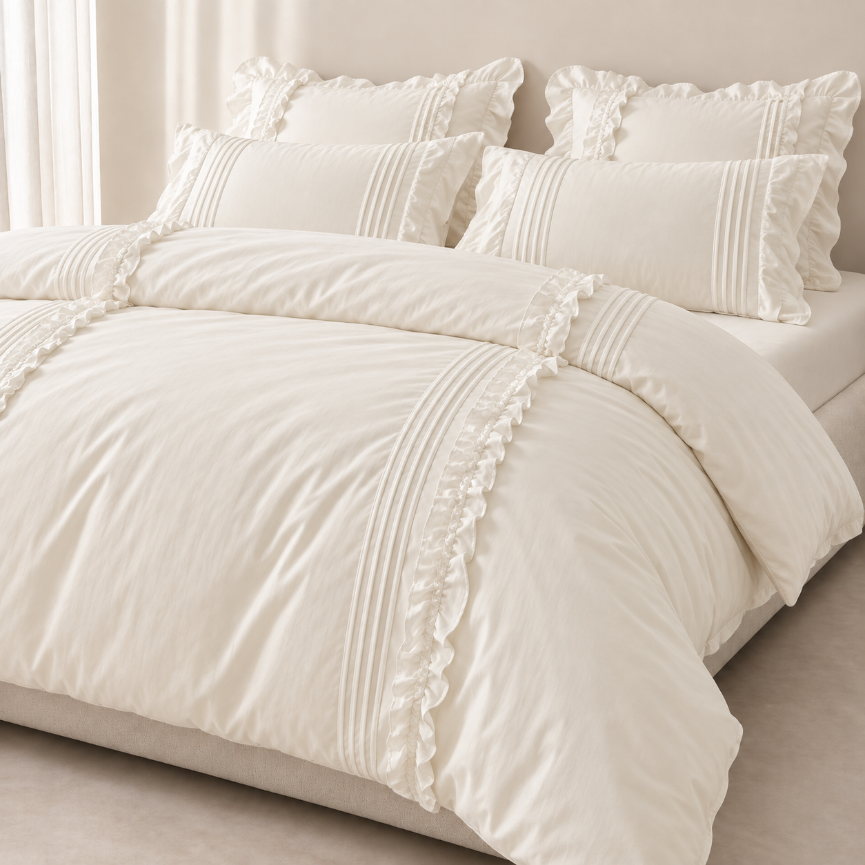Camellia Ruffle Bedding Set styled on a bed, ivory cotton with ruffled trim and pleated pillowcase detail