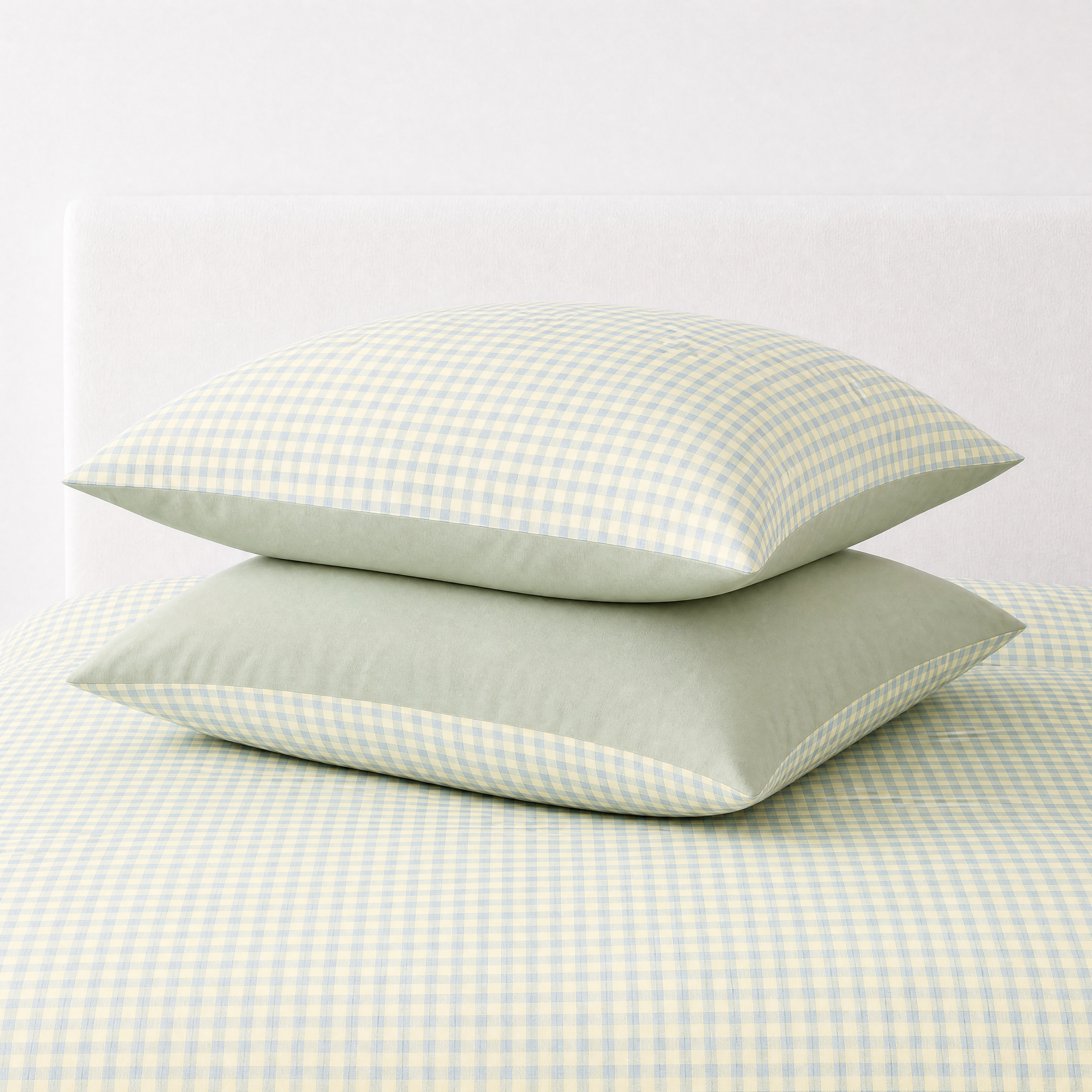 Two pillowcases from the Checkerboard Bedding Set in Blue, Green & Yellow, gingham check with sage reverse