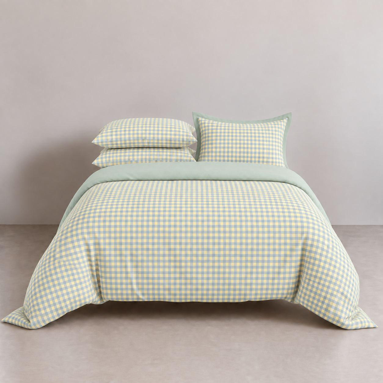 Checkerboard Bedding Set in Blue, Green & Yellow, gingham check doona cover styled on a made bed