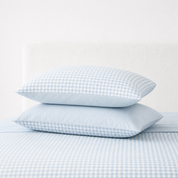 Checkerboard Bedding Set pillowcases in Royal Blue, small check pattern stacked on a matching bed