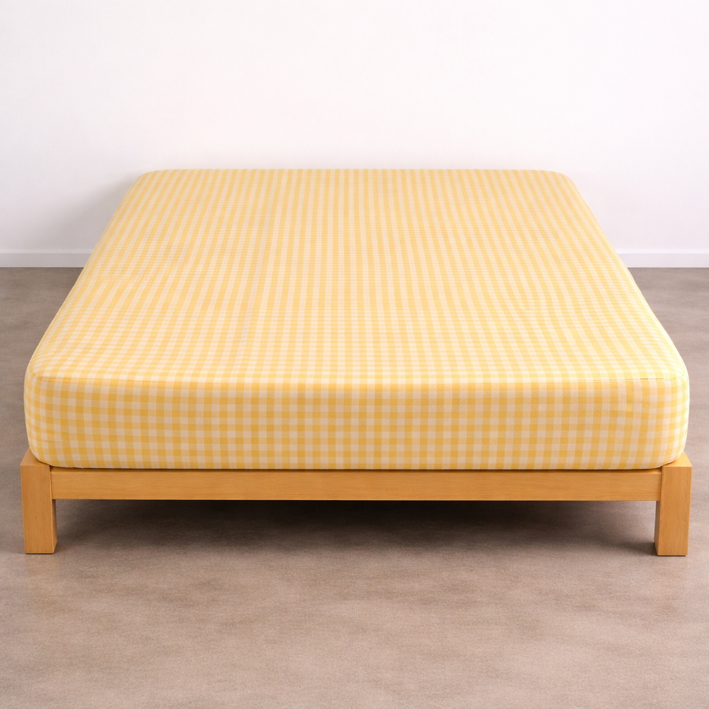 Checkerboard Fitted Sheet in Yellow gingham check, fitted snugly over a mattress on a timber bed frame