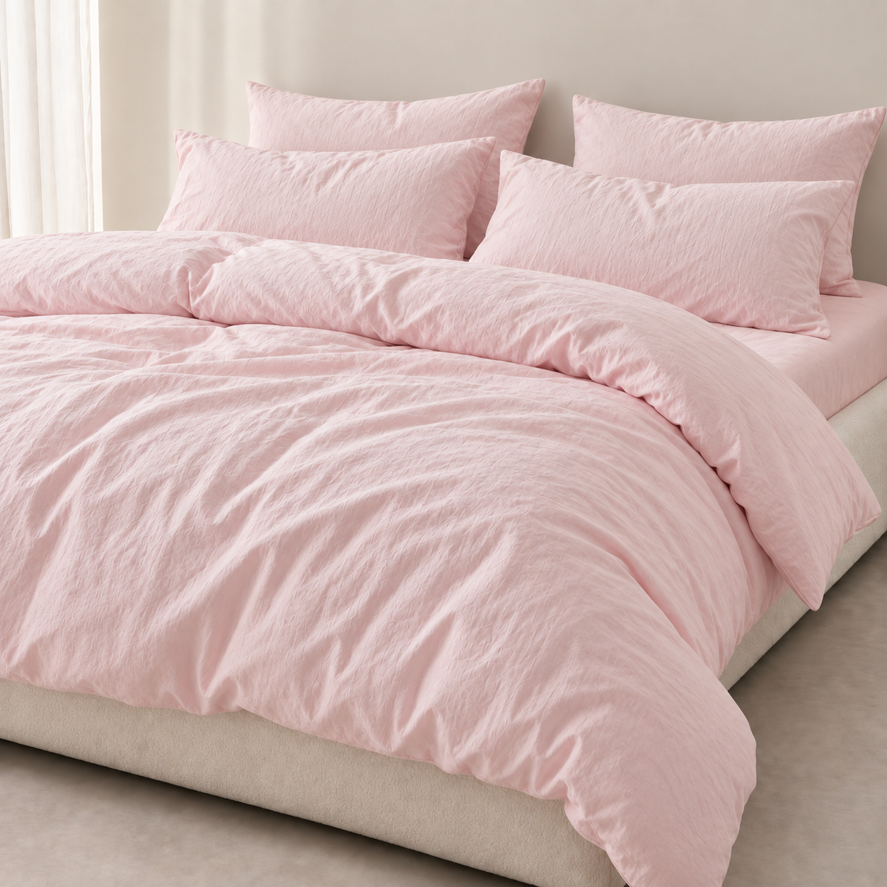 Coastal Washed Bedding Set in Rosewater Cream, crinkled cotton quilt cover and pillowcases on a made bed