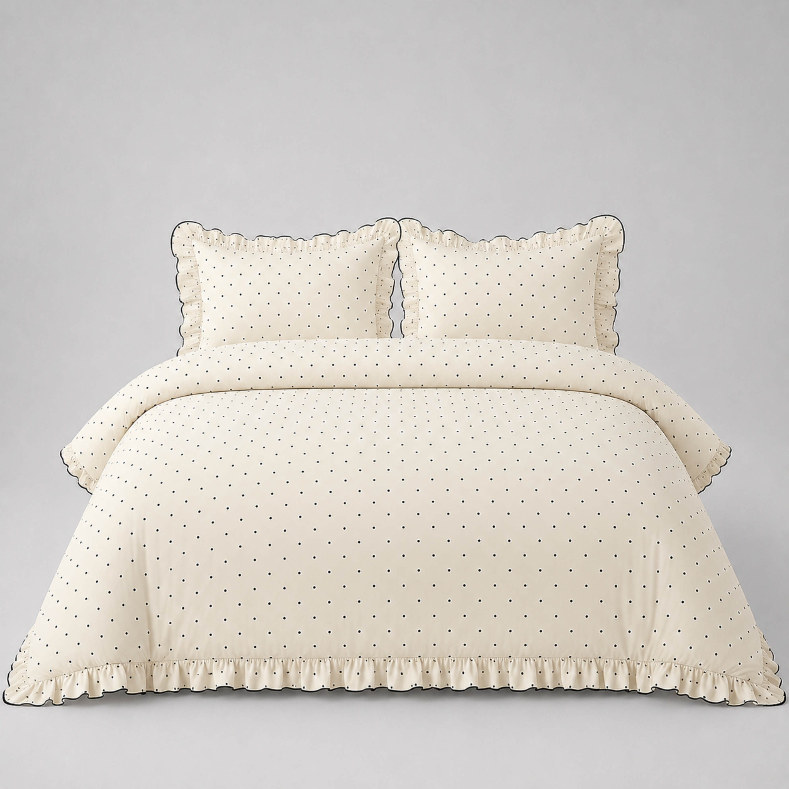 Elsie Spot Bedding Set in Chalk, made bed with scattered spot print and gathered frill edging