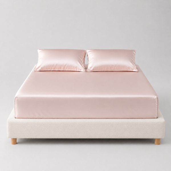 Freya Silk Fitted Sheet in Petal Pink, glossy satin finish on a made bed with matching pillowcases
