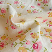 Close-up of Honeybelle Floral Ruffle Bedding Set cotton, pink and yellow roses on cream twill weave