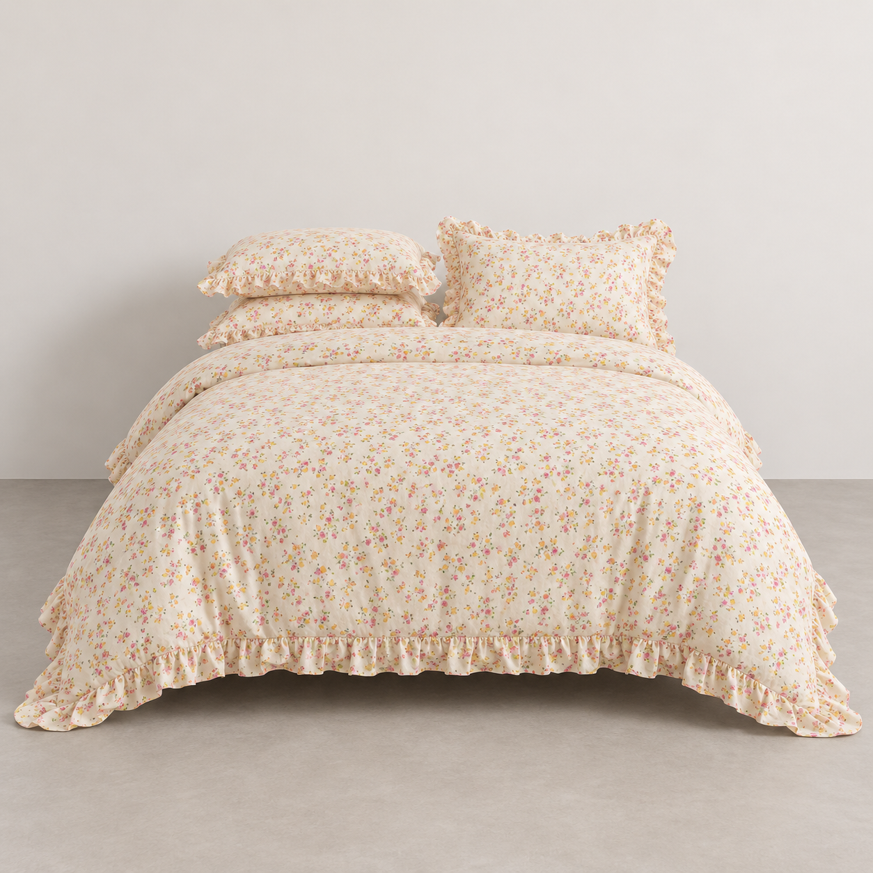 Honeybelle Floral Ruffle Bedding Set on a made bed, cream cotton with pink and yellow ditsy florals and ruffled edges