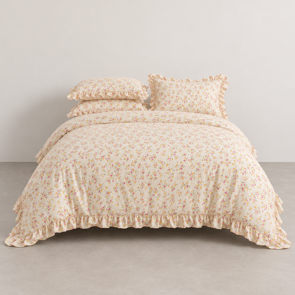 Honeybelle Floral Ruffle Bedding Set on a made bed, cream cotton with pink and yellow ditsy florals and ruffled edges